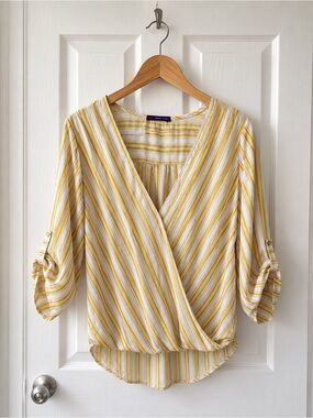 West Kei Stitch Fix Allan Surplice Rolltab High Low Blouse Yellow Stripe XL